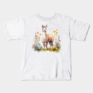 Watercolor picture of alpaca and beautiful flowers. Kids T-Shirt